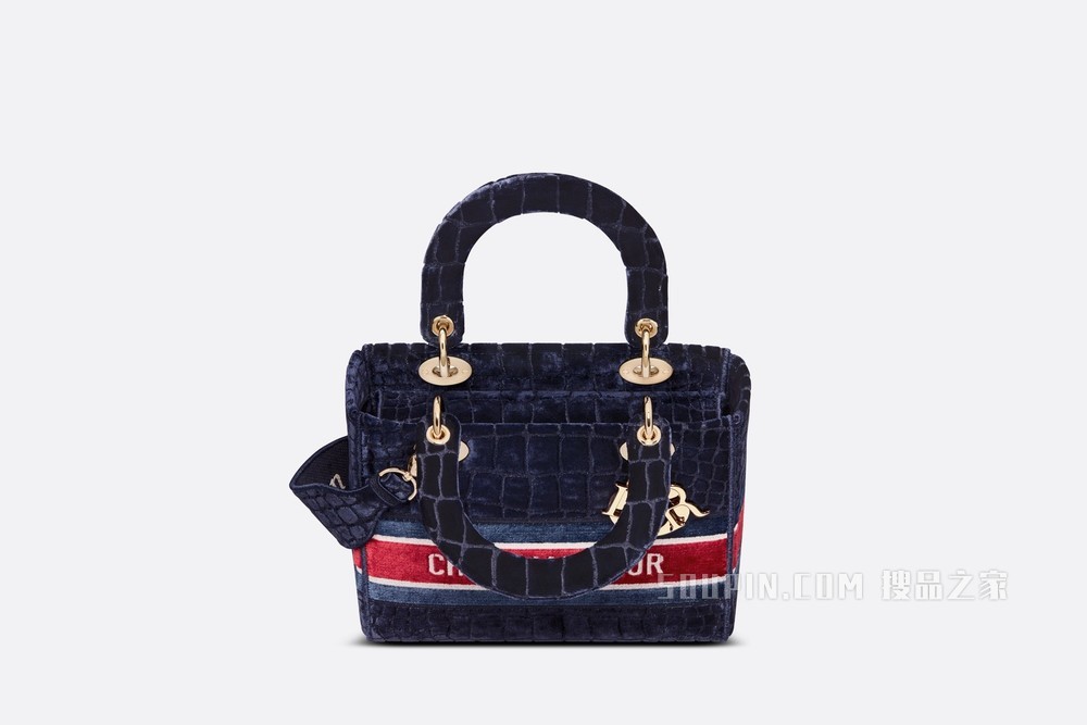 中号 Lady D-Lite 手袋 蓝色天鹅绒鳄鱼皮革效果刺绣