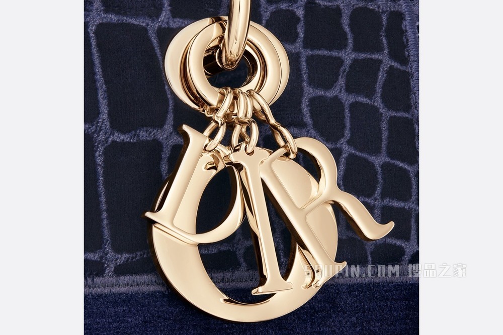 中号 Lady D-Lite 手袋 蓝色天鹅绒鳄鱼皮革效果刺绣
