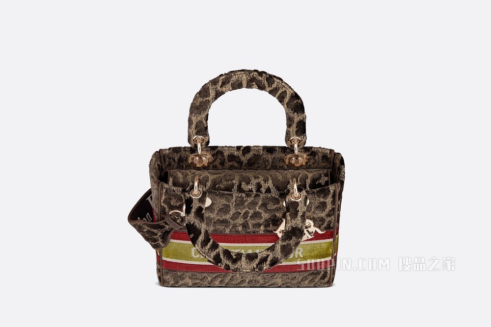 中号 Lady D-Lite 手袋 米色天鹅绒 Mizza 图案刺绣