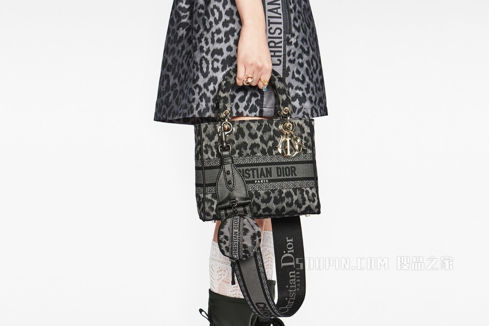 中号 Lady D-Lite 手袋 灰色 Mizza 刺绣