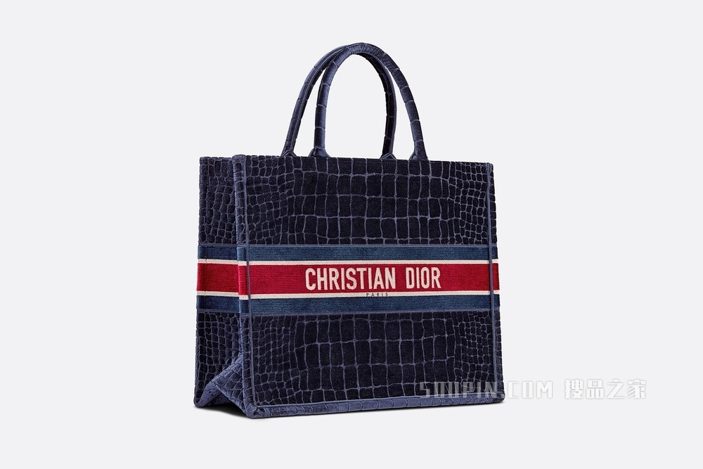 Book Tote 手袋 蓝色天鹅绒鳄鱼皮革效果刺绣