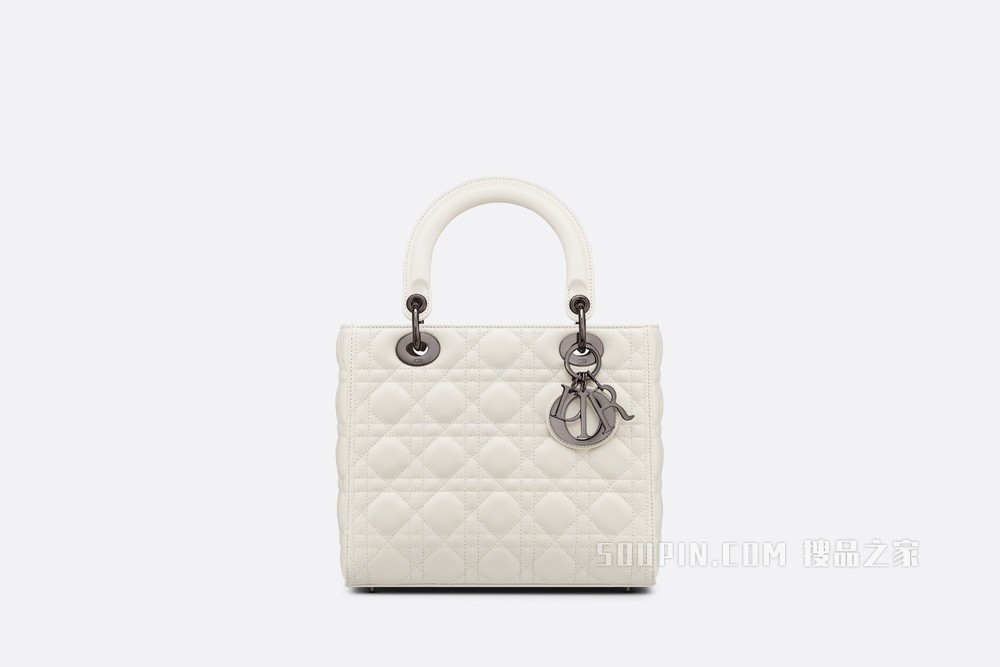 中号 Lady Dior 手袋 奶白色羊皮革藤格纹