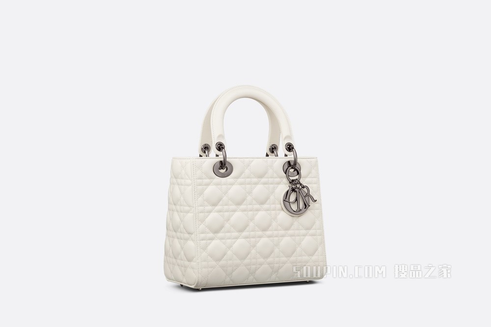 中号 Lady Dior 手袋 奶白色羊皮革藤格纹