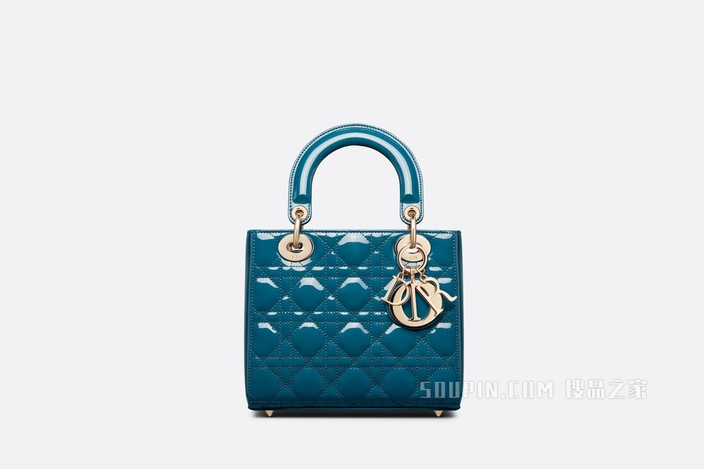DIOR/迪奥】小号Lady Dior 手袋灰蓝色漆皮牛皮革藤格纹