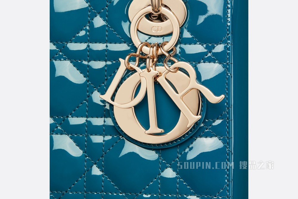 小号 Lady Dior 手袋 灰蓝色漆皮牛皮革藤格纹