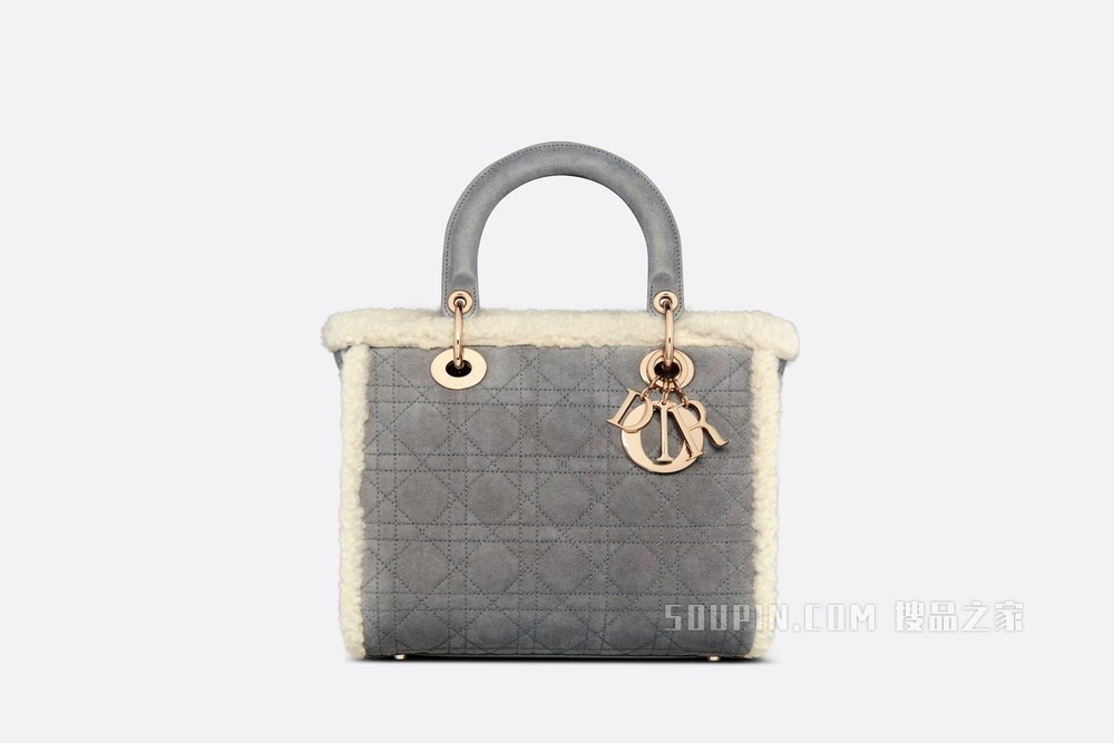 中号 Lady Dior 手袋 灰色皮毛一体藤格纹