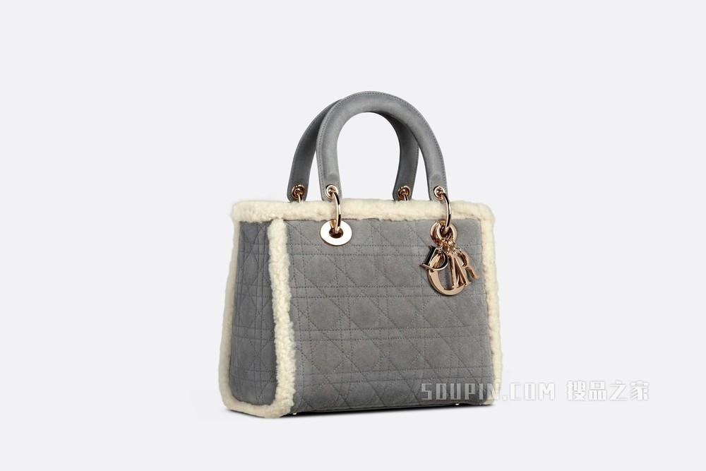 中号 Lady Dior 手袋 灰色皮毛一体藤格纹