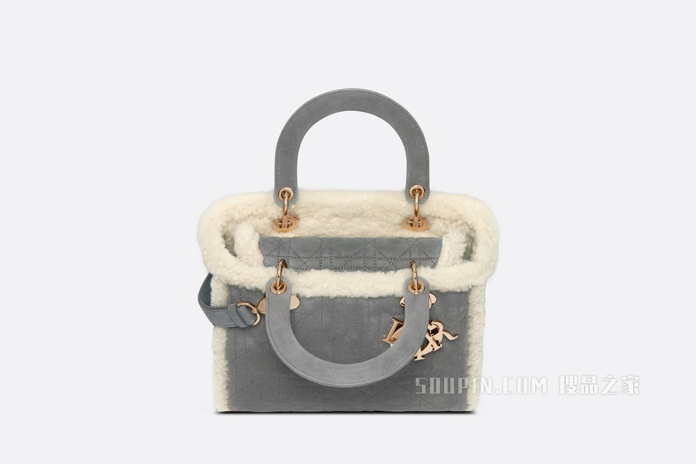 中号 Lady Dior 手袋 灰色皮毛一体藤格纹