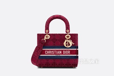 中号 Lady D-Lite 手袋 酒红色天鹅绒藤格纹刺绣