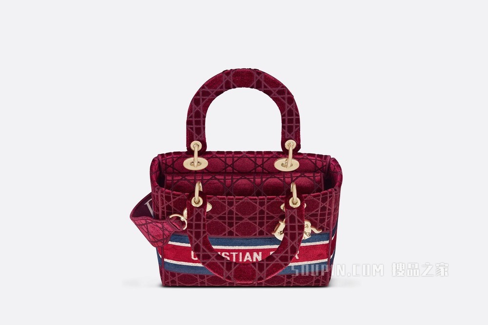 中号 Lady D-Lite 手袋 酒红色天鹅绒藤格纹刺绣