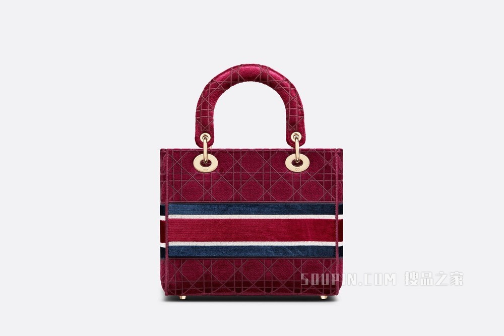 中号 Lady D-Lite 手袋 酒红色天鹅绒藤格纹刺绣