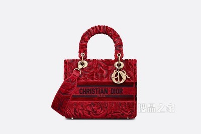 中号 Lady D-Lite 手袋 红色天鹅绒 Dior Roses 图案刺绣