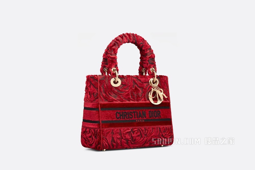 中号 Lady D-Lite 手袋 红色天鹅绒 Dior Roses 图案刺绣