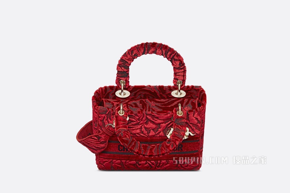 中号 Lady D-Lite 手袋 红色天鹅绒 Dior Roses 图案刺绣