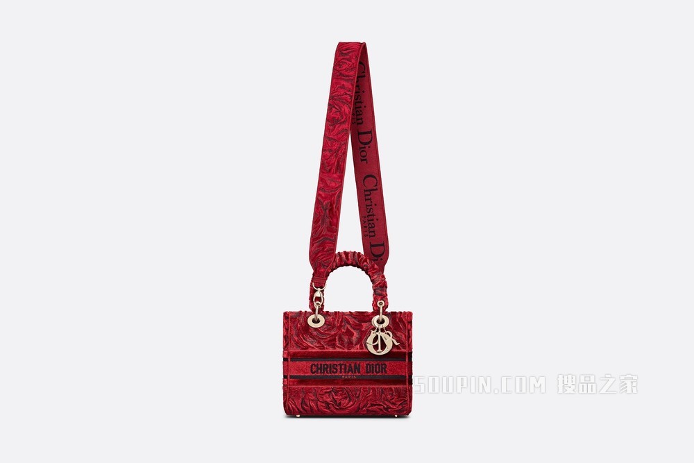 中号 Lady D-Lite 手袋 红色天鹅绒 Dior Roses 图案刺绣