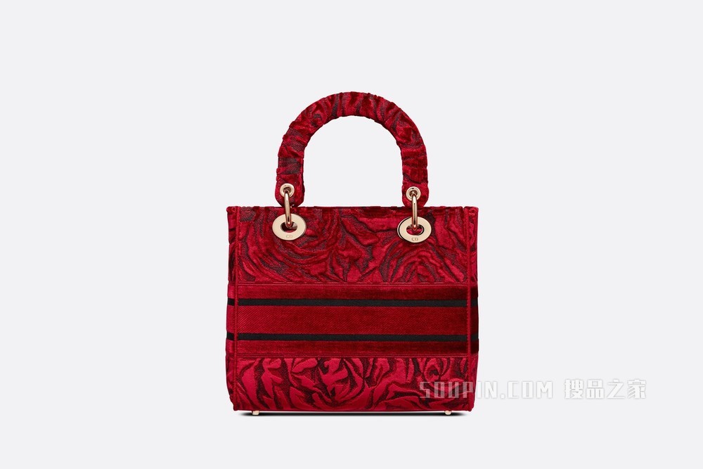 中号 Lady D-Lite 手袋 红色天鹅绒 Dior Roses 图案刺绣