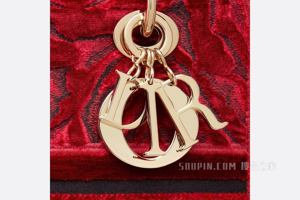 中号 Lady D-Lite 手袋 红色天鹅绒 Dior Roses 图案刺绣