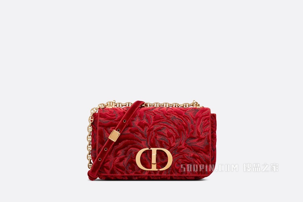 中号 Dior Caro 手袋 红色天鹅绒 Dior Roses 图案刺绣