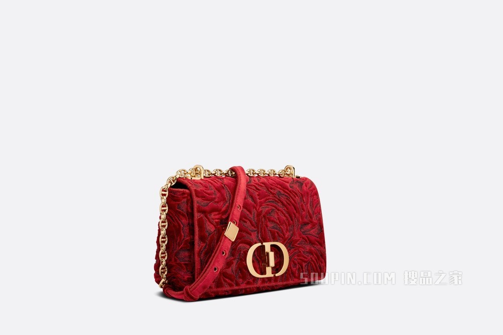 中号 Dior Caro 手袋 红色天鹅绒 Dior Roses 图案刺绣