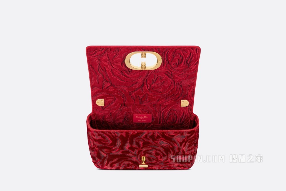 中号 Dior Caro 手袋 红色天鹅绒 Dior Roses 图案刺绣