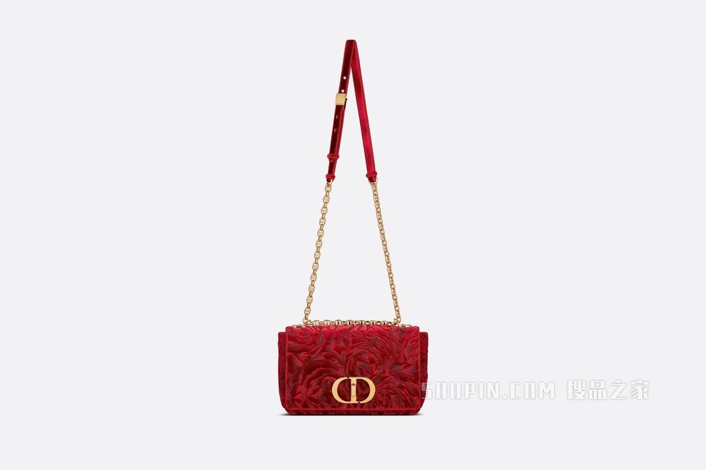 中号 Dior Caro 手袋 红色天鹅绒 Dior Roses 图案刺绣