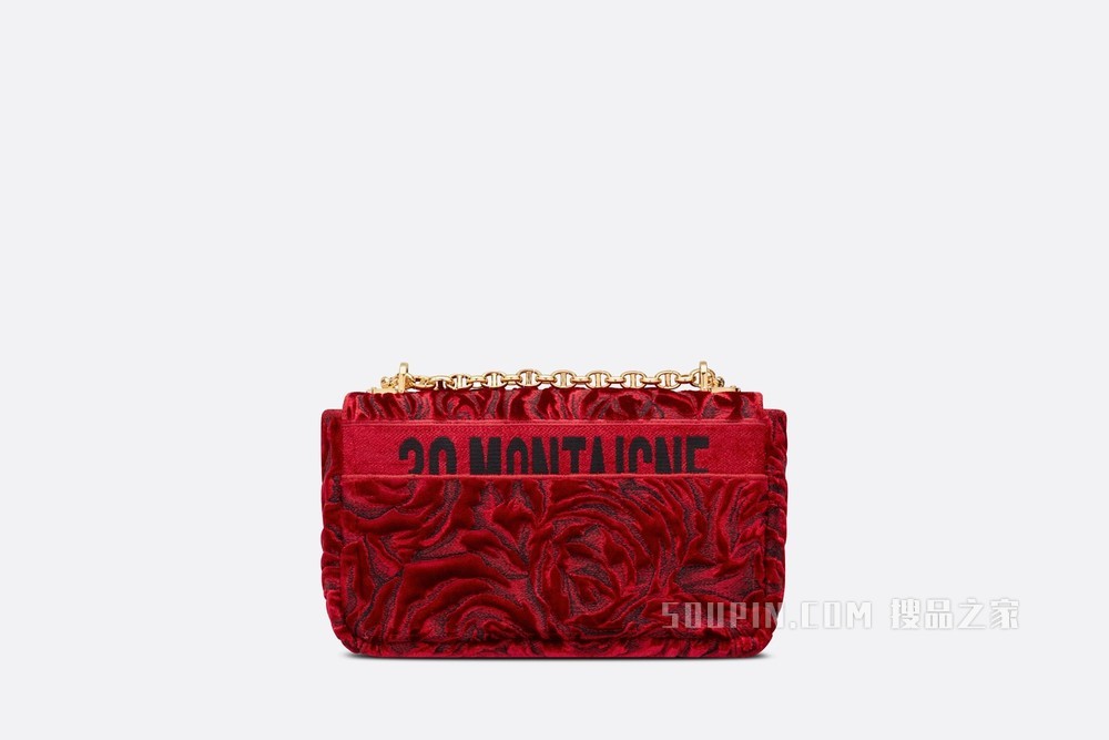 中号 Dior Caro 手袋 红色天鹅绒 Dior Roses 图案刺绣
