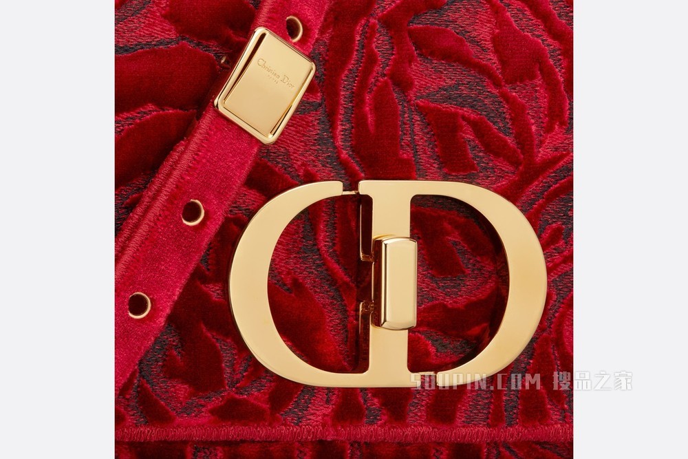 中号 Dior Caro 手袋 红色天鹅绒 Dior Roses 图案刺绣
