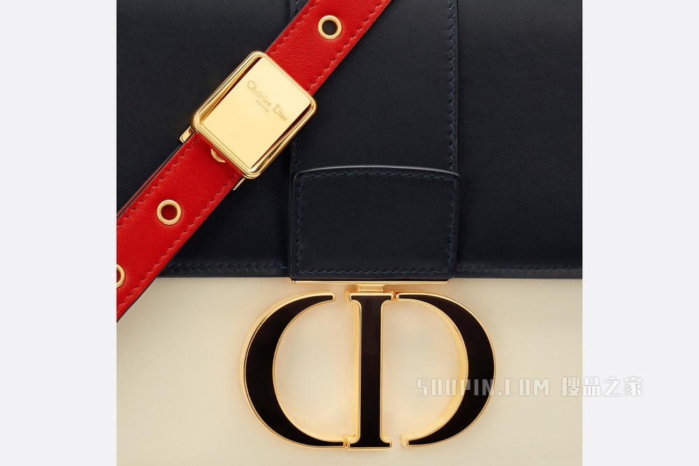 30 Montaigne 手袋 海军蓝色、白色和红色光面牛皮革