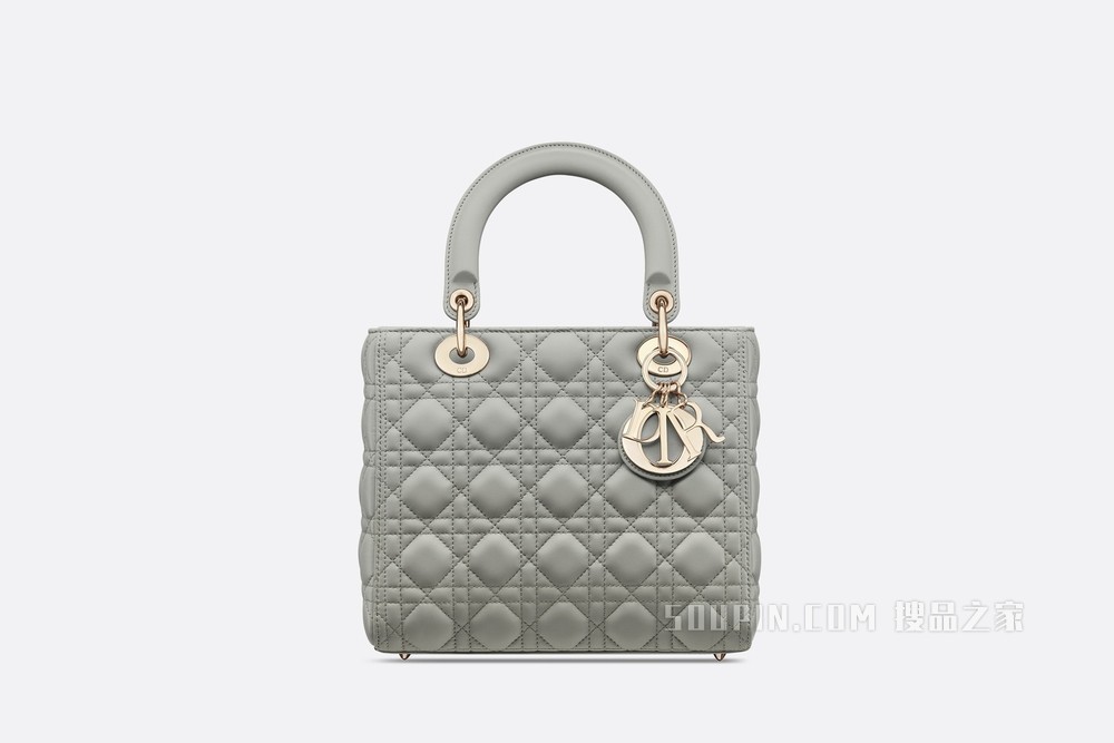 中号 Lady Dior 手袋 灰色羊皮革藤格纹
