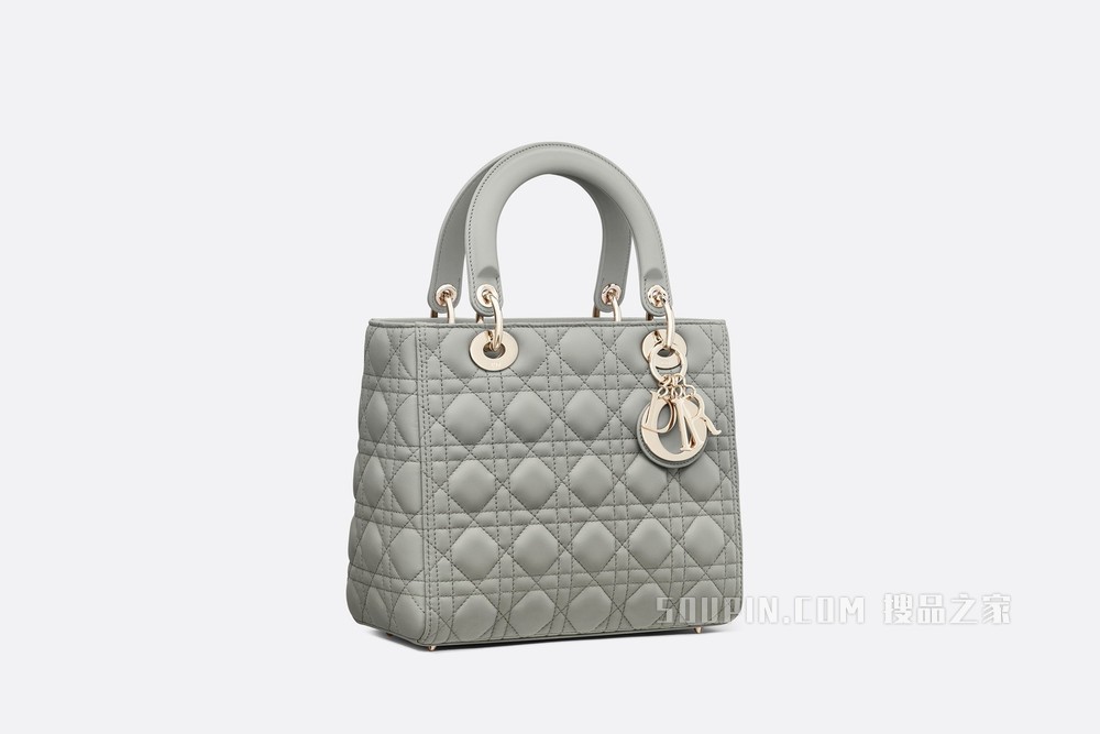 中号 Lady Dior 手袋 灰色羊皮革藤格纹