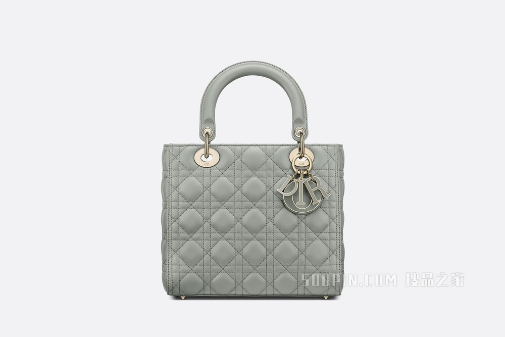 中号 Lady Dior 手袋 灰色羊皮革藤格纹