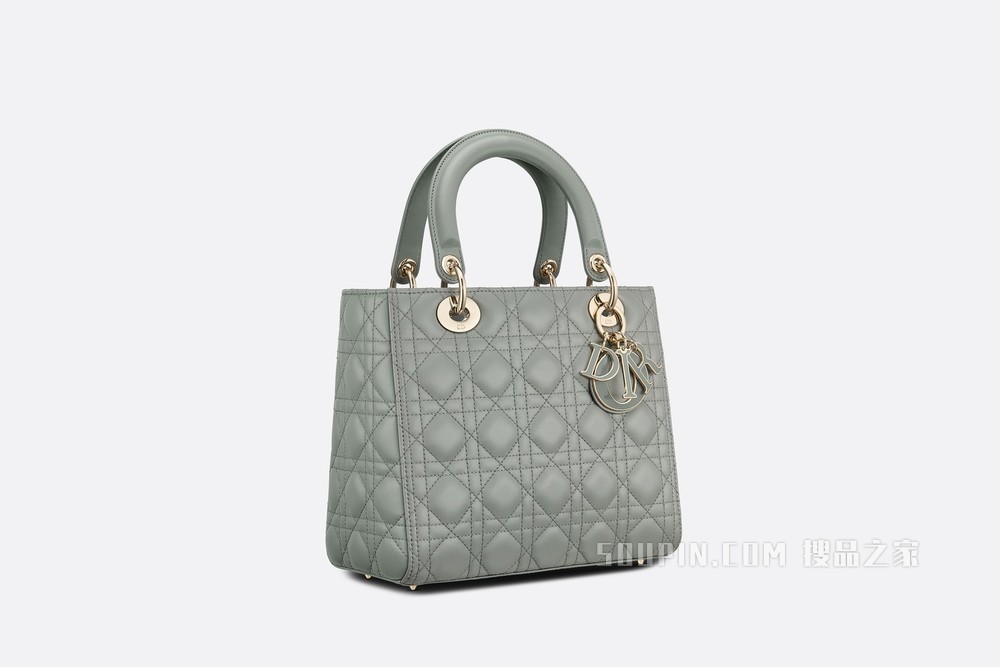 中号 Lady Dior 手袋 灰色羊皮革藤格纹