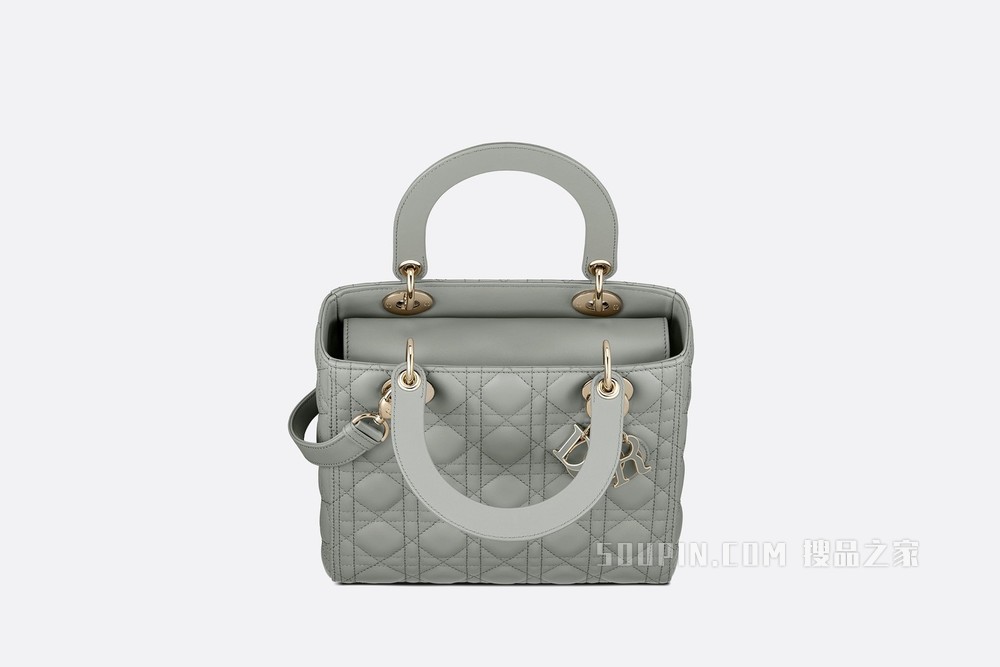 中号 Lady Dior 手袋 灰色羊皮革藤格纹