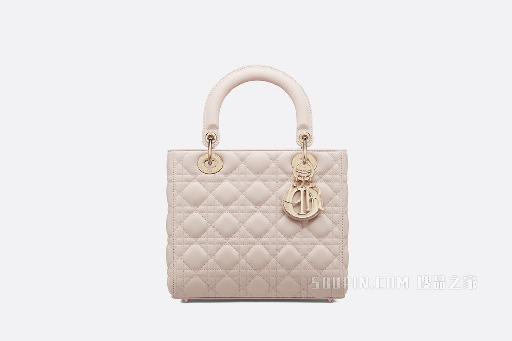 中号 Lady Dior 手袋 胭脂粉色羊皮革藤格纹