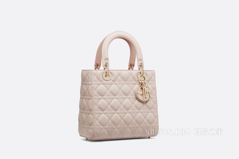 中号 Lady Dior 手袋 胭脂粉色羊皮革藤格纹