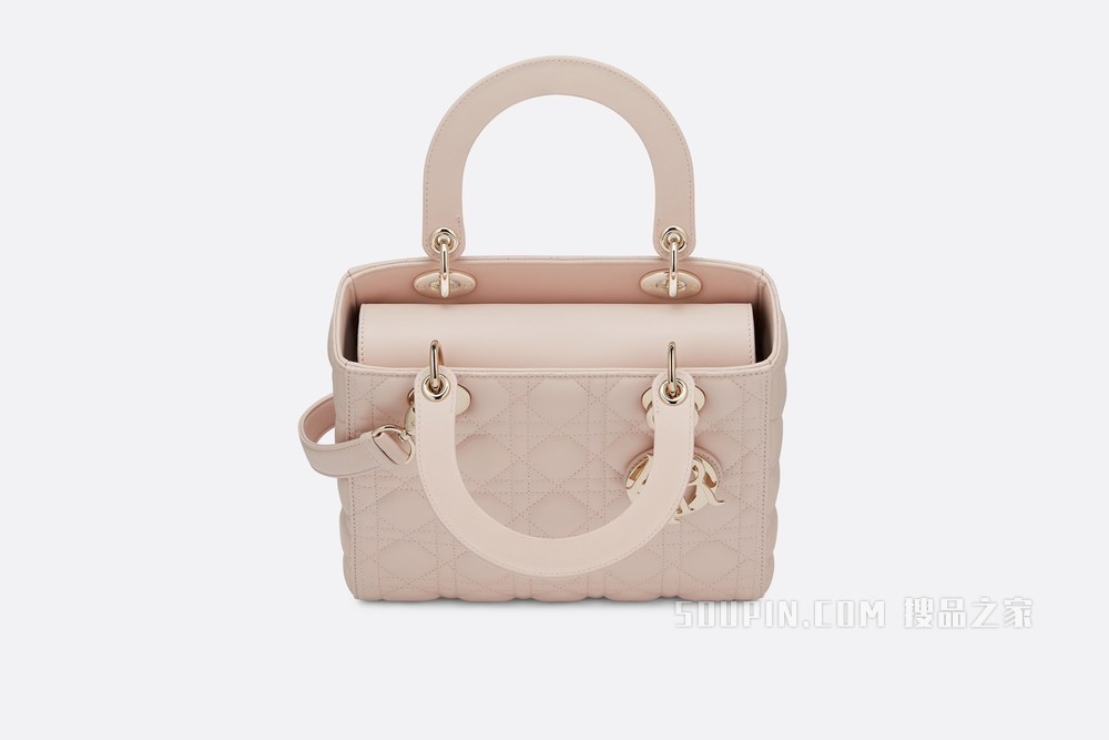 中号 Lady Dior 手袋 胭脂粉色羊皮革藤格纹