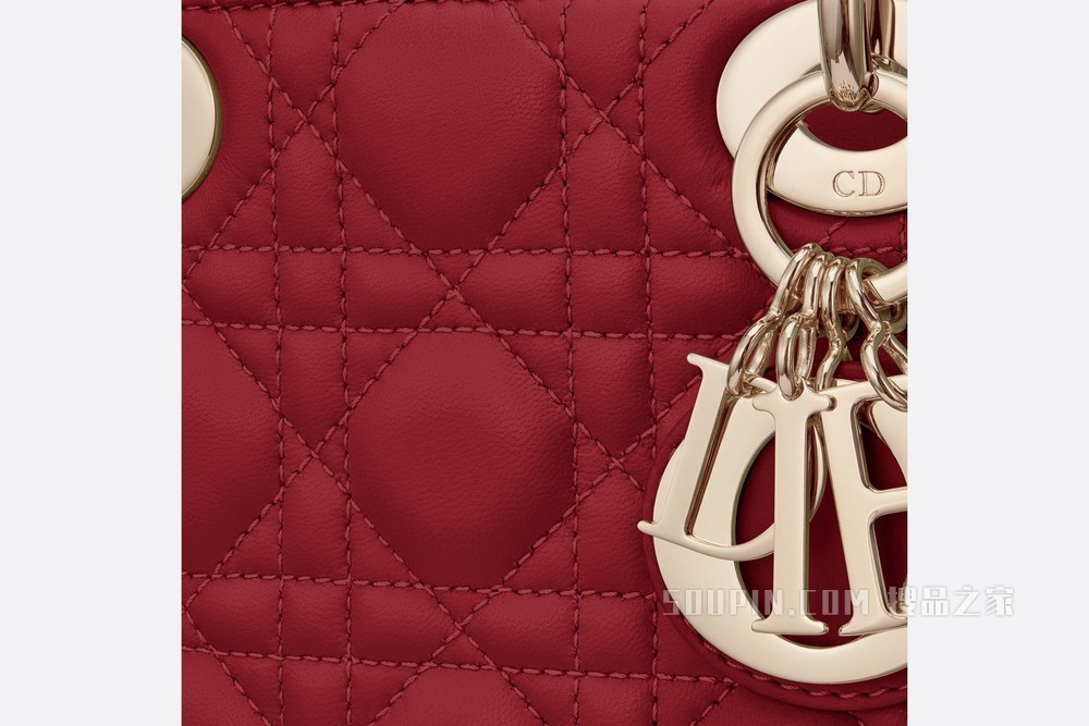 迷你 Lady Dior 手袋 樱桃红羊皮革藤格纹