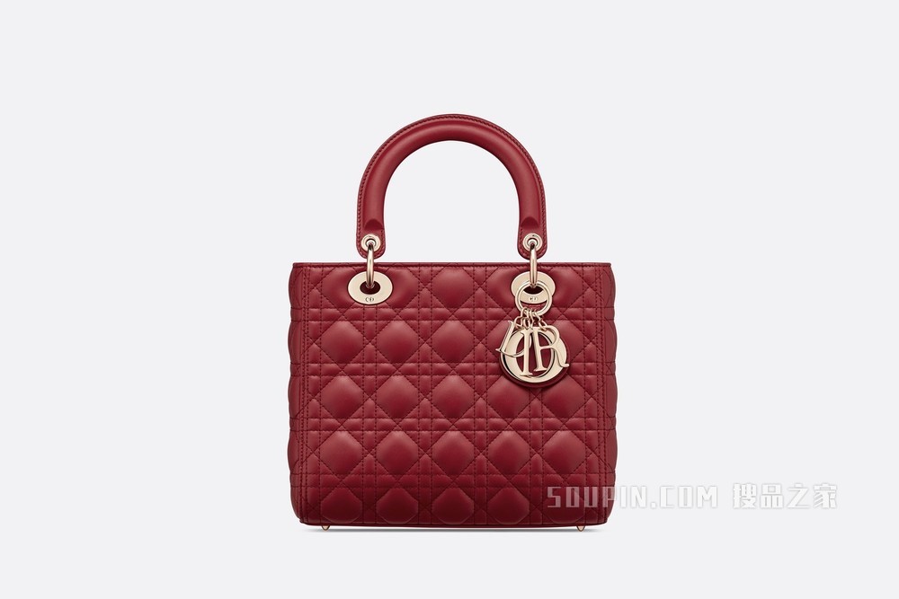 中号 Lady Dior 手袋 樱桃红色羊皮革藤格纹
