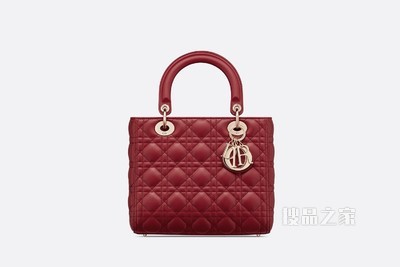 中号 Lady Dior 手袋 樱桃红色羊皮革藤格纹