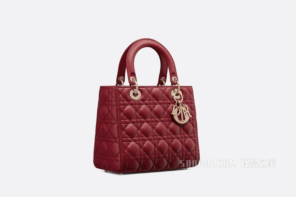 中号 Lady Dior 手袋 樱桃红色羊皮革藤格纹