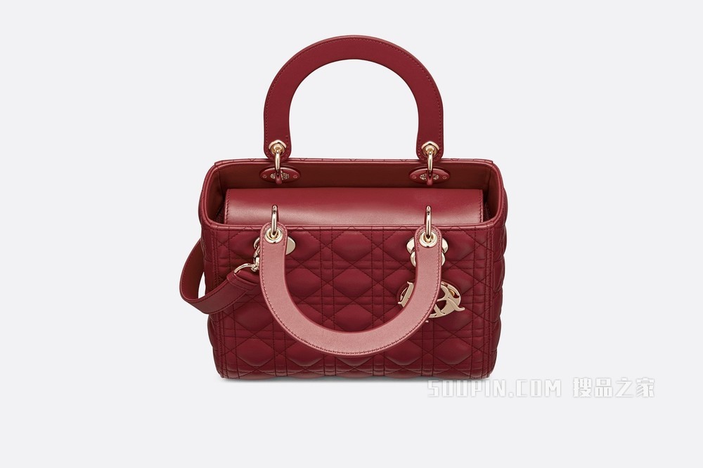中号 Lady Dior 手袋 樱桃红色羊皮革藤格纹