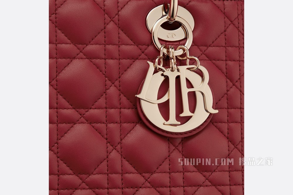 中号 Lady Dior 手袋 樱桃红色羊皮革藤格纹