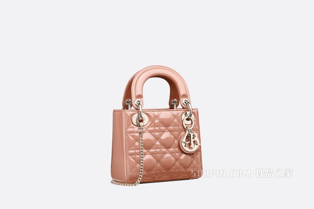 迷你 Lady Dior 手袋 玫瑰粉色漆皮牛皮革藤格纹