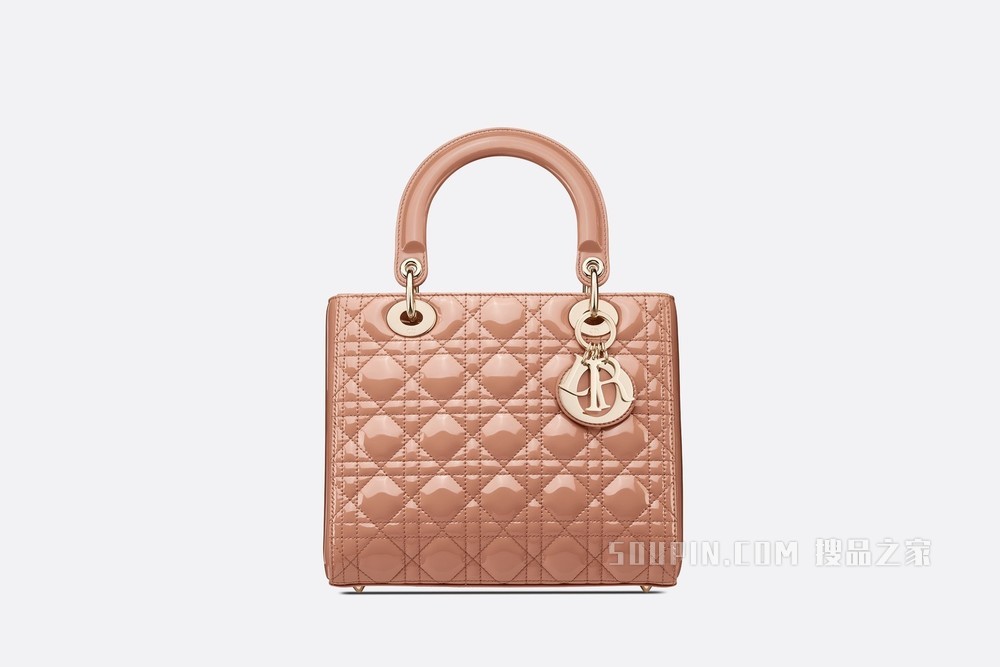 中号 Lady Dior 手袋 玫瑰粉色漆皮牛皮革藤格纹