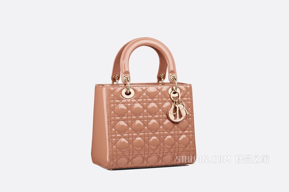 中号 Lady Dior 手袋 玫瑰粉色漆皮牛皮革藤格纹