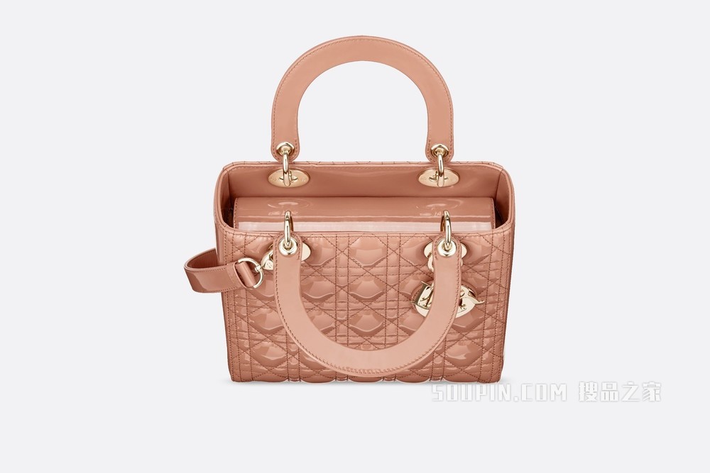 中号 Lady Dior 手袋 玫瑰粉色漆皮牛皮革藤格纹