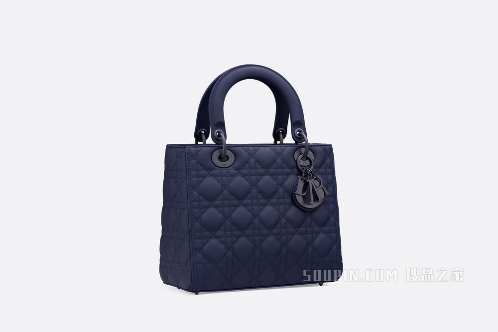 中号哑光 Lady Dior 手袋 靛蓝色哑光牛皮革藤格纹