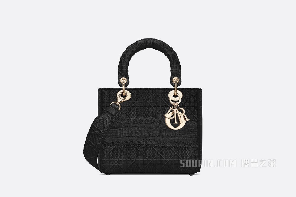 中号 Lady D-Lite 手袋 黑色藤格纹刺绣