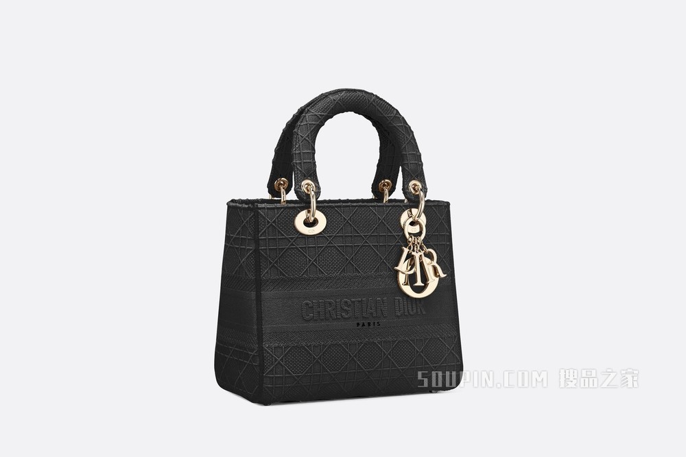 中号 Lady D-Lite 手袋 黑色藤格纹刺绣