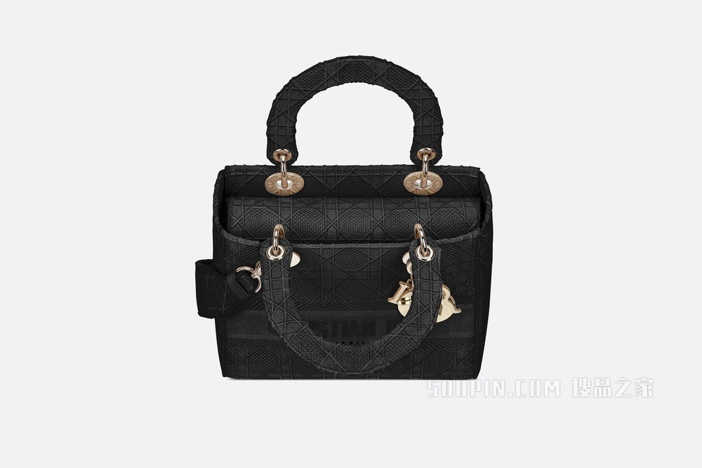 中号 Lady D-Lite 手袋 黑色藤格纹刺绣
